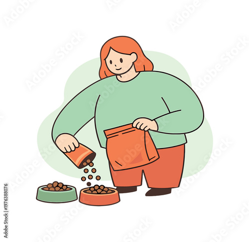 Bright person checks pet food at feeding time, topping up bowls evenly and sealing the bag afterward at home today calmly now ok!