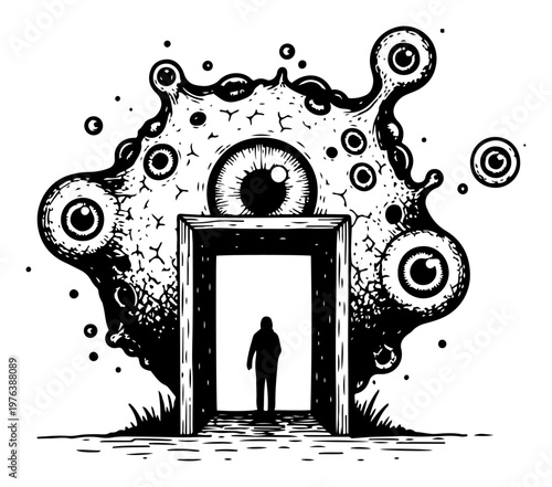 Person walking through doorway of a monster covered in eyes in surreal woodcut style