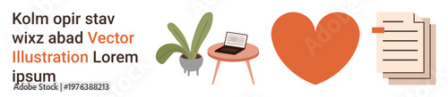 Office design, conceptual thinking, remote work, organization, creativity, workspace ideas. Potted plant, laptop on a table heart symbol documents icon. Remote work and organization concept