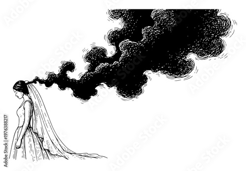 Bride in wedding dress with dark smoke clouds emerging from her head in vintage engraving style