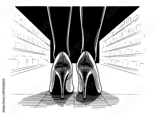 High heel shoes walking through a library aisle in low angle vintage engraving style