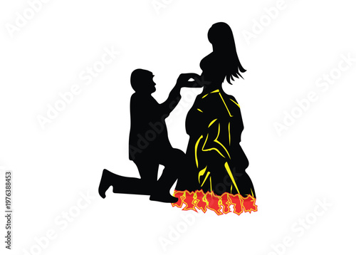 Classic Love Proposal Couple Silhouette Design.