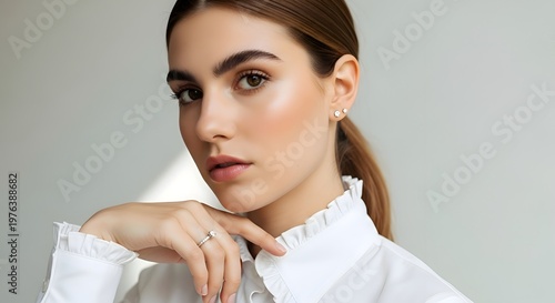 Radiant woman with a subtle makeup look and elegant jewelry, gazing directly at the camera with a soft, natural light illuminating her features and a pristine white shirt.