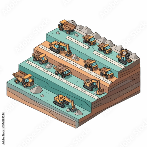 Construction vehicles on a production line.
