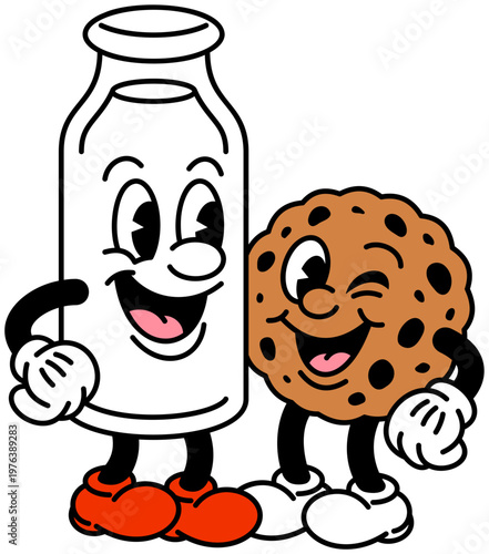 Cute Milk and Cookie Cartoon Characters in 30s Retro Mascot Rubberhose Style