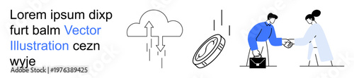 Business planning, cloud computing, data transfer, teamwork, technology, communication. Cloud icon with arrows, a coin and two people shaking hands. Business planning and cloud computing concept