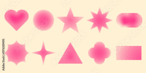 Pink Halftone Geometric Shapes Set for Retro Graphic Design, Heart Star Triangle Sparkle Elements