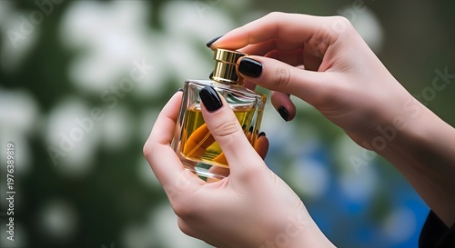 Close-up of manicured hands delicately holding and examining a luxurious perfume bottle filled with golden liquid, set against a blurred natural background.