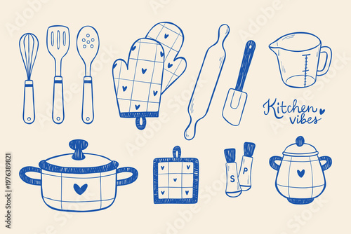 Collection of cute hand-drawn vector kitchen tools. Pot, utensil, pot holders, rolling pin, spatula, measuring cup, salt and pepper mill set. Clip art illustration of cooking essentials. 