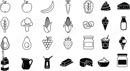 Assorted icons of fresh food and drinks fruits vegetables dairy with ice cream coffee cup food set