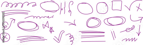 Collection of various hand drawn squiggles and scribbles in purple and black on white background