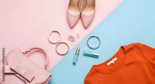 Stylish women's fashion accessories flat lay, featuring blush pink heels, gold jewelry, vibrant orange clothing, and cosmetic products on a split pastel background.