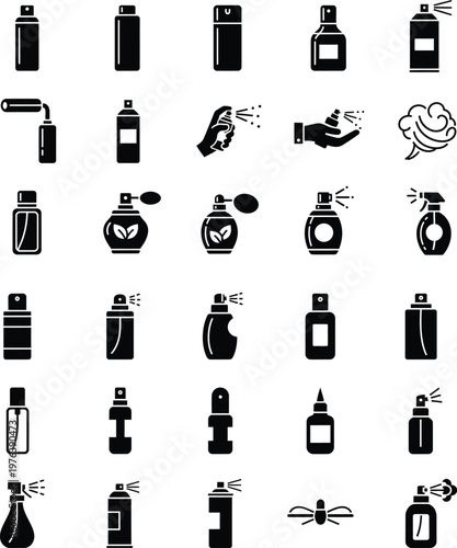 Collection of spray bottle and aerosol can icons symbolizing perfumes deodorants cleaning products