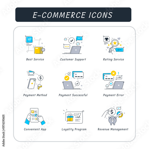 Hand-drawn vector e-commerce service and Payment Icons, Online Store Services and e-commerce icons for Customer Support and Payment, Online Shopping Service, Payment, and loyalty icons, E-Commerce Pay