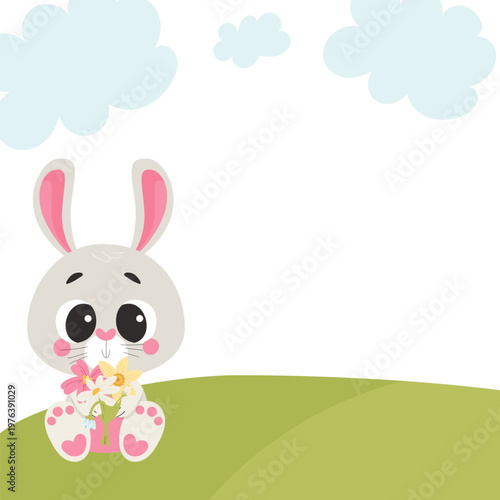 Adorable bunny holding spring flowers sitting on grass with copy space. Vector illustration for holiday design, greeting cards, banner, nursery decor and baby products