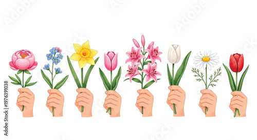 Multiple hands emerge from below holding individual bouquets of diverse colorful spring flowers.