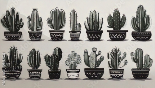 Collection of potted cactus plants in decorative pots.