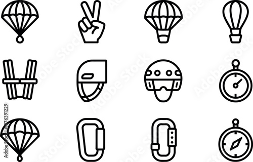 Collection of extreme sports and adventure gear icons including parachutes helmets carabiners and compasses
