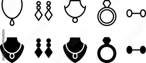 Collection of jewelry icons including necklaces earrings rings and studs on a white background