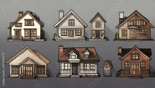 Collection of diverse architectural house styles rendered in a stylized artistic manner.