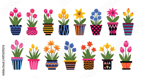 A diverse collection of vibrant spring flowers blooms brightly in various decorative pots.