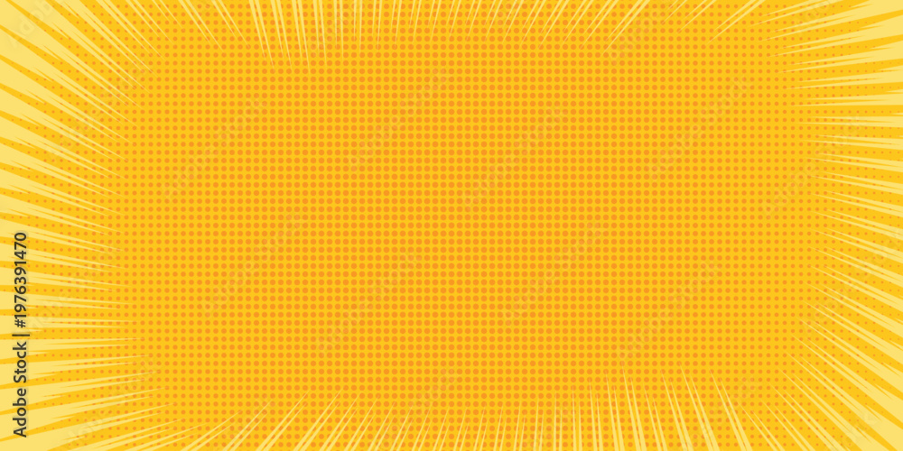 Fototapeta premium Anime comic book zoom background with sunburst frame and halftone dots. Vector manga speed lines and explosive pop art border for action scenes. Vector Illustration.