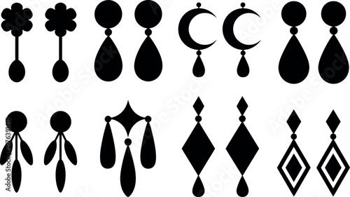 Collection of various black silhouette earring designs isolated on a white background