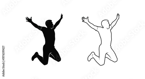Two joyful figures with arms raised one solid one outlined silhouette