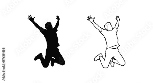 Two joyful men in  dress depicted in a striking silhouette