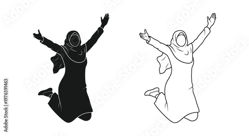 Two joyful women in traditional dress depicted in a striking silhouette