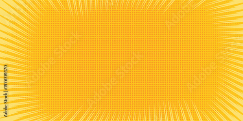 Anime comic book zoom background with sunburst frame and halftone dots. Vector manga speed lines and explosive pop art border for action scenes. Vector Illustration.