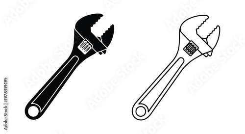 Two adjustable wrenches depicted in black and white a striking silhouette