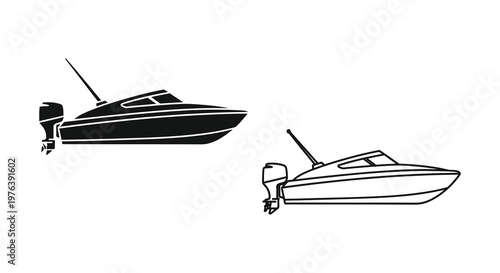 Black and white illustration of a speedboat shown in two views silhouette