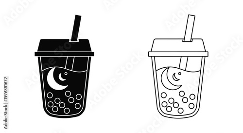 Two bubble cold coffee drinks one solid and one outlined black and white silhouette