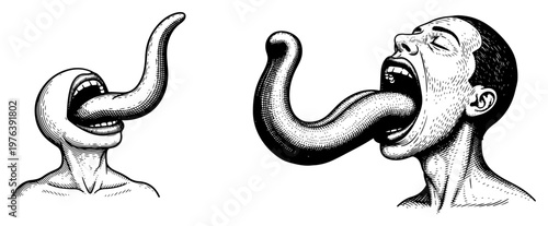 Human heads with long distorted tongues in vintage surreal engraving style