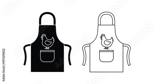 Two aprons with chicken designs one black and one white in silhouette