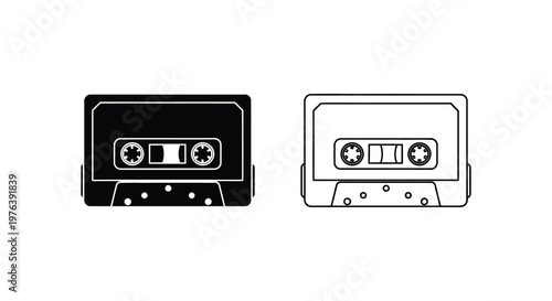 Two cassette tapes one solid black and one outline graphic silhouette