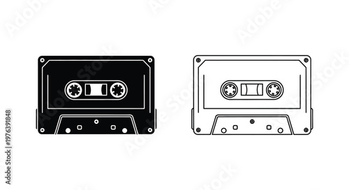 Two cassette tapes one black and one white presented as a graphic silhouette