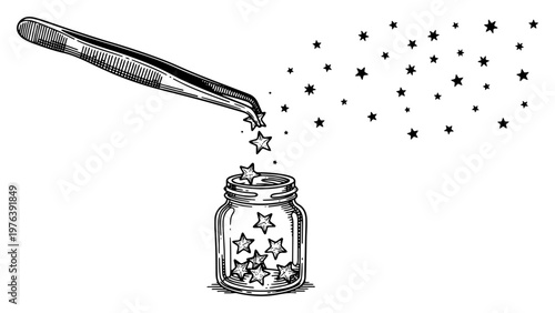 Tweezers picking up stars into a glass jar in vintage engraving style