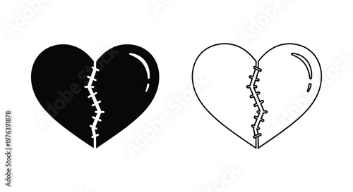 Two broken hearts one solid black and one outlined with stitched seams silhouette