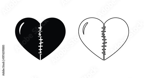 Two hearts one solid black and one outlined stitched together silhouette