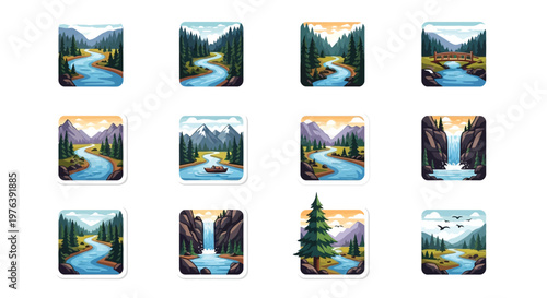 Collection of scenic landscape icons depicting rivers mountains and forests