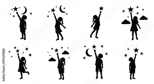 Children reaching for stars and moon silhouettes against a white background