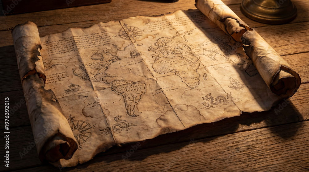 Fototapeta premium Vintage treasure map on parchment scroll with leather strap on wooden table with brass object