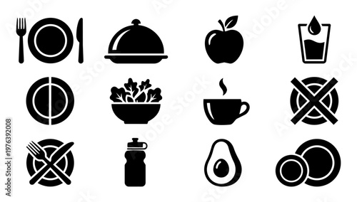 Intermittent Fasting Food Silhouette Set – Nutrition, Eating Window and Healthy Diet Icons