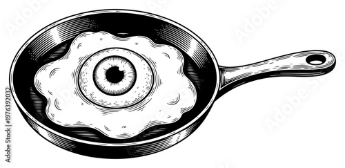 Fried egg with human eye inside a frying pan in vintage engraving style