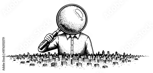 Giant figure with magnifying glass head inspecting a city in vintage engraving style