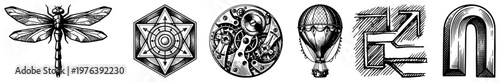 Mystical and mechanical symbols set in vintage engraving style