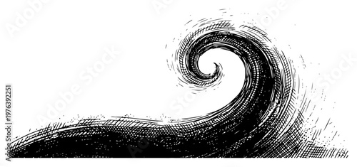 Large ocean wave curling over in vintage engraving style