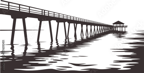 Long dark pier extending over reflective water with a small shelter at the end reflection